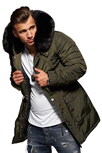 behype. Herren Winter-Parka Winter-Jacke mit Kunstfell an der Kapuze 55-1723 Khaki S von behype.