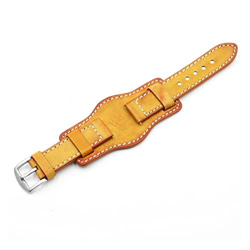 BeiFH Retro Handmade Herren Armbanduhrarmband 20mm 22mm 24mm Leder Manschette Uhr Armband Gelb Blau Schwarz Grün Rote Farbe Uhrenarmband (Color : Yellow, Size : 20mm) von BeiFH