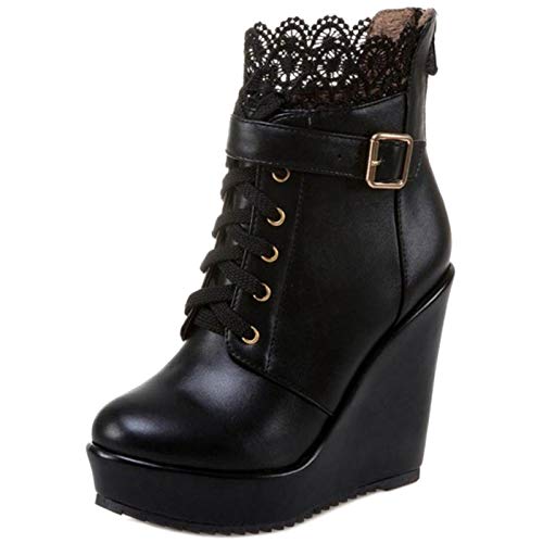 ErikenUrben Mode Damen Stiefeletten Keilabsatz Combat Stiefel Heels Party Kurzschaft Stiefel Plateau Lace Schuhe Schnürsenkel Black Asian Gr 35 von ErikenUrben