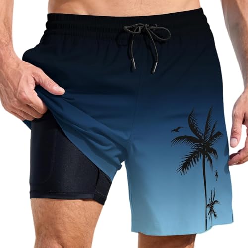 2 in 1 Badehose Herren Kurz mit Kompression Liner Atmungsaktiv Badeshorts Männer Elastisch Trainingsshorts Verstellbar Tunnelzug mit Reißverschlusstaschen von Beichwtd