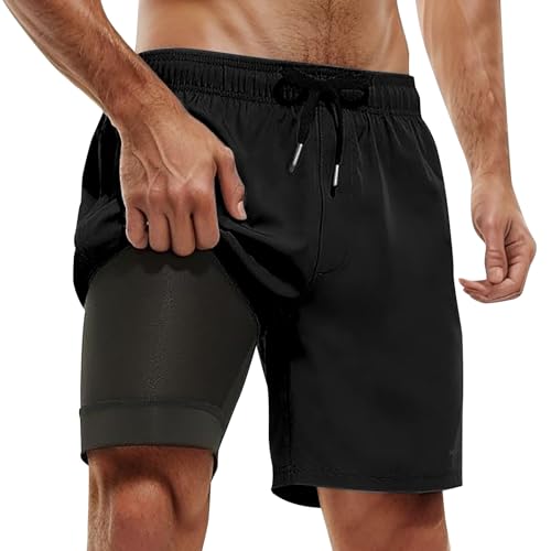 2 in 1 Badehose Herren Kurz mit Kompression Liner Atmungsaktiv Badeshorts Männer Elastisch Trainingsshorts Verstellbar Tunnelzug mit Reißverschlusstaschen von Beichwtd
