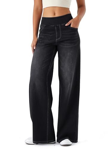 Baggy Jeans Damen,Pull On Wide Leg Jeans mit Gummizug High Waist Stretch,Weites Bein Jeanshose, Dunkelgrau S von Beichwtd