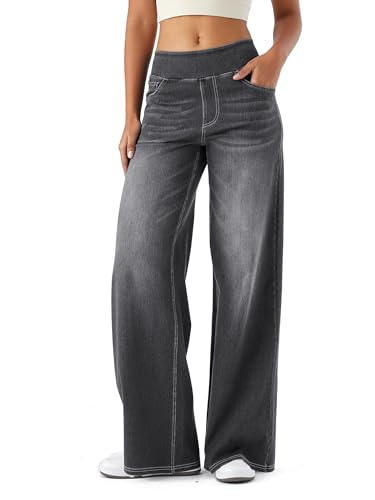 Baggy Jeans Damen,Pull On Wide Leg Jeans mit Gummizug High Waist Stretch,Weites Bein Jeanshose, Grau M von Beichwtd