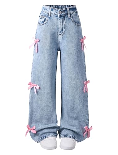 Baggy Jeans Mädchen Wide Leg Jeanshose mit Gummizug Weites Bein Outdoorhose Breite Hose High Waist Freizeithose y2k Jeans Girls Mode Hip Hop Hosen für Kinder/Teenager von Beichwtd