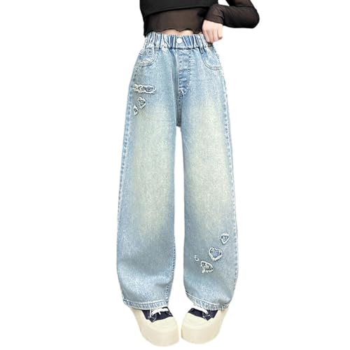 Baggy Jeans Mädchen Wide Leg Jeanshose mit Gummizug Weites Bein Outdoorhose Breite Hose High Waist Freizeithose y2k Jeans Girls Mode Hip Hop Hosen für Kinder/Teenager Grau 130 von Beichwtd
