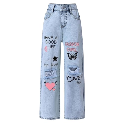 Baggy Jeans Mädchen Wide Leg Jeanshose mit Gummizug Weites Bein Outdoorhose Breite Hose High Waist Freizeithose y2k Jeans Girls Mode Hip Hop Hosen für Kinder/Teenager von Beichwtd