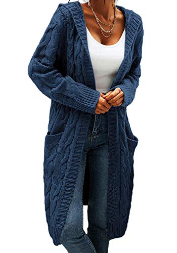 Beichwtd Cardigan Damen, Grobstrick Strickjacke Damen Lang Cardigan mit Kapuze, Oversize Strickjacken Open Front Sweater Pullover Langarm Mantel Herbst Winter mit Taschen, Marine L von Beichwtd
