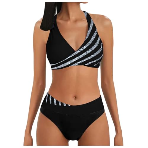 Beichwtd Damen Bikini Set High Waist Push Up Neckholder Bauchkontrolle Zweiteiler Badeanzug V-Ausschnitt Triangel Strand, Schwarz XL von Beichwtd