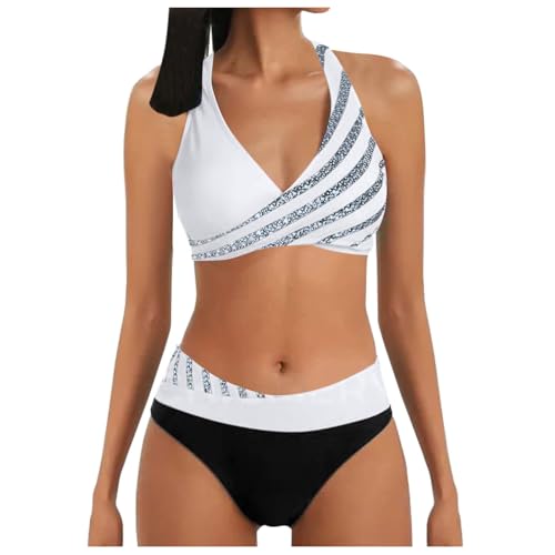 Beichwtd Damen Bikini Set High Waist Push Up Neckholder Bauchkontrolle Zweiteiler Badeanzug V-Ausschnitt Triangel Strand, Weiß M von Beichwtd