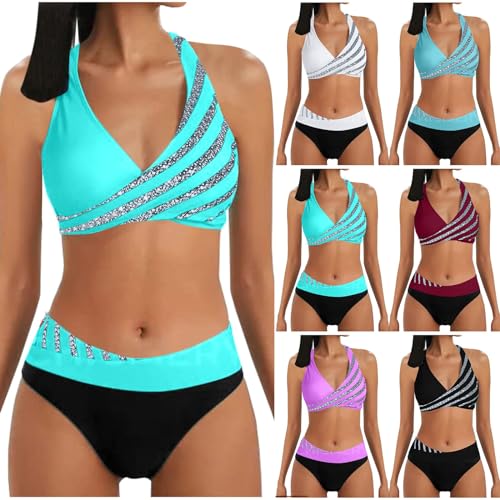 Beichwtd Damen Bikini Set High Waist Push Up Neckholder Bauchkontrolle Zweiteiler Badeanzug V-Ausschnitt Triangel Strand von Beichwtd