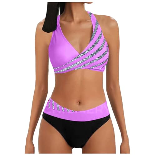 Beichwtd Damen Bikini Set High Waist Push Up Neckholder Bauchkontrolle Zweiteiler Badeanzug V-Ausschnitt Triangel Strand von Beichwtd