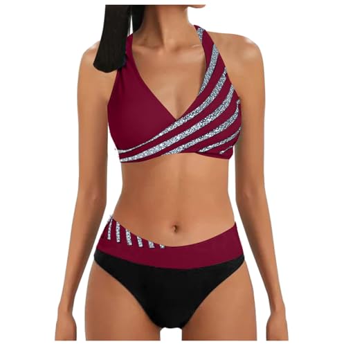 Beichwtd Damen Bikini Set High Waist Push Up Neckholder Bauchkontrolle Zweiteiler Badeanzug V-Ausschnitt Triangel Strand von Beichwtd