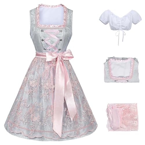 Beichwtd Dirndl Damen Midi Trachtenkleid Oktoberfest Trachtenrock Dirndlbluse Trachtenmode Kleid Komplettsets Lang mit Blusen und Schürze Spitze in Groß Größen Trachtenblusen Dirndlschürzen, Rosa S von Beichwtd