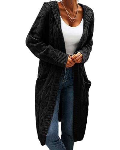 Beichwtd Strickjacke Damen Lang, Grobstrick Strickjacke Damen Lang Cardigan mit Kapuze, Oversize Strickjacken Open Front Sweater Pullover Langarm Mantel Herbst Winter mit Taschen, Schwarz S von Beichwtd