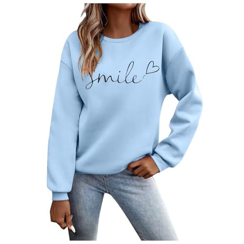 Beichwtd Pullover Damen Langarmshirt Oversized Mode Sweatshirt Teenager Mädchen Pulli Weihnachtspullover Herbst Winter Outfit ohne Kapuze Streetwear Elegant, Hellblau S von Beichwtd