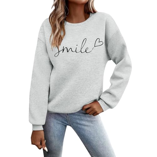 Beichwtd Pullover Damen Langarmshirt Oversized Mode Sweatshirt Teenager Mädchen Pulli Weihnachtspullover Herbst Winter Outfit ohne Kapuze Streetwear Elegant, Hellgrau L von Beichwtd