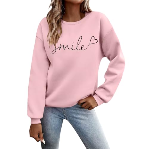 Beichwtd Pullover Damen Langarmshirt Oversized Mode Sweatshirt Teenager Mädchen Pulli Weihnachtspullover Herbst Winter Outfit ohne Kapuze Streetwear Elegant, Rosa L von Beichwtd