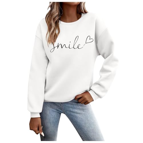 Beichwtd Pullover Damen Langarmshirt Oversized Mode Sweatshirt Teenager Mädchen Pulli Weihnachtspullover Herbst Winter Outfit ohne Kapuze Streetwear Elegant, Weiß S von Beichwtd