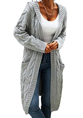 Beichwtd Strickjacke Damen, Grobstrick Strickjacke Damen Lang Cardigan mit Kapuze, Oversize Strickjacken Open Front Sweater Pullover Langarm Mantel Herbst Winter mit Taschen, Grau XXL von Beichwtd