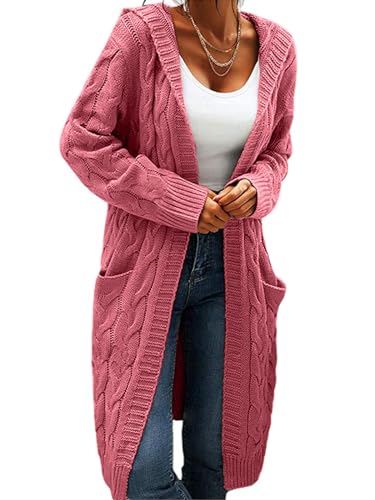 Beichwtd Strickjacke Damen Lang, Grobstrick Strickjacke Damen Lang Cardigan mit Kapuze, Oversize Strickjacken Open Front Sweater Pullover Langarm Mantel Herbst Winter mit Taschen, Rosa S von Beichwtd