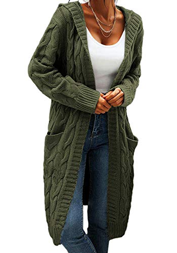 Beichwtd Strickjacken für Damen, Grobstrick Strickjacke Damen Lang Cardigan mit Kapuze, Oversize Strickjacken Open Front Sweater Pullover Langarm Mantel Herbst Winter mit Taschen, Armeegrün M von Beichwtd
