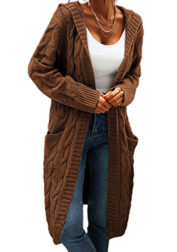 Beichwtd Strickjacken für Damen, Grobstrick Strickjacke Damen Lang Cardigan mit Kapuze, Oversize Strickjacken Open Front Sweater Pullover Langarm Mantel Herbst Winter mit Taschen, Braun XL von Beichwtd