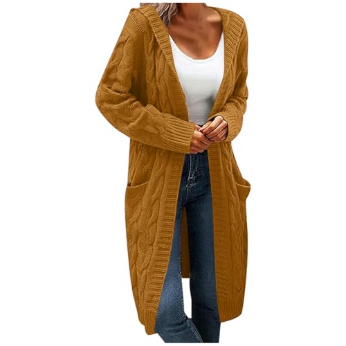 Beichwtd Strickjacken für Damen, Grobstrick Strickjacke Damen Lang Cardigan mit Kapuze, Oversize Strickjacken Open Front Sweater Pullover Langarm Mantel Herbst Winter mit Taschen, Gelb XXL von Beichwtd