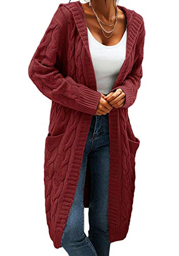 Beichwtd Strickjacken für Damen, Grobstrick Strickjacke Damen Lang Cardigan mit Kapuze, Oversize Strickjacken Open Front Sweater Pullover Langarm Mantel Herbst Winter mit Taschen, Rot XL von Beichwtd