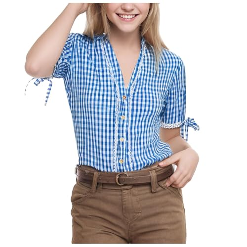 Beichwtd Trachtenbluse Damen Kariert Bluse Kurzarm- Oktoberfest Outfit Trachten Oberteil mit Stehkragen & Herzknöpf, Dirndl Bluse Modern Atmungsaktiv Trachtenhemd Große Größen von Beichwtd