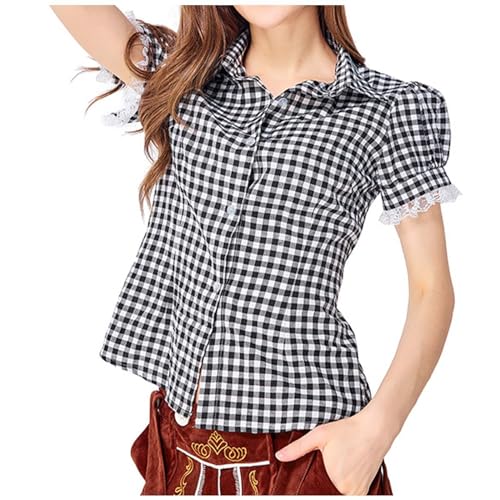 Beichwtd Trachtenbluse Damen Kariert Bluse Kurzarm- Oktoberfest Outfit Trachten Oberteil mit Stehkragen & Herzknöpf, Dirndl Bluse Modern Atmungsaktiv Trachtenhemd Große Größen von Beichwtd