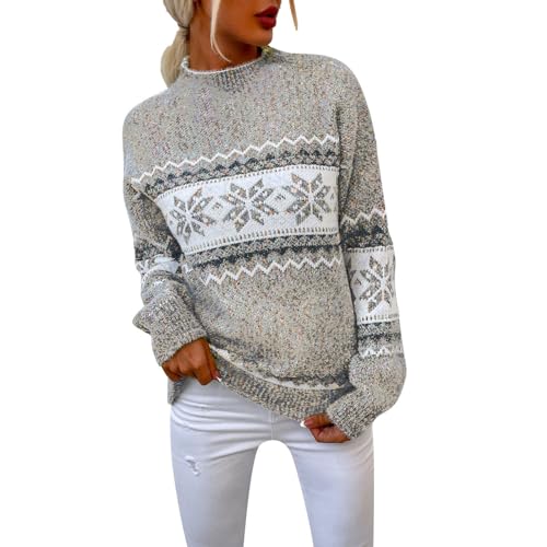 Beichwtd Weihnachtspullover Damen Norweger Winter Pullover mit Stehkragen, Strick Streifen Schneeflocken Design Langarm Warm für Weihnachtszeit, Grau M von Beichwtd