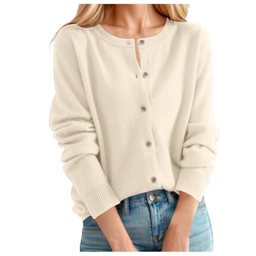 Damen Strickjacke Elegant Langarm Rundhals Cardigan Leicht Bolero Jäckchen mit Knöpfe Weiche Jacke über Top Kleid, Beige S von Beichwtd