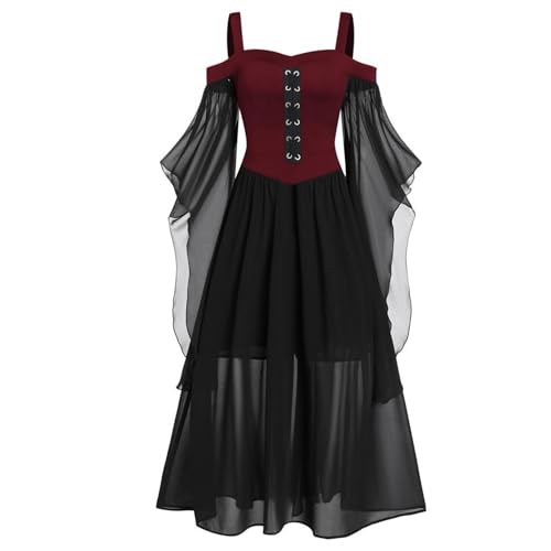 Halloween Kostüm Damen Gothic Kleid Kurz｜Mittelalter Gebundene Taille Hexenkostüm｜Vampir Renaissance Trompetenärmel Korsett｜Erwachsene Karneval Steampunk Barock｜Schwarz Plus Size​, Rot 4XL von Beichwtd