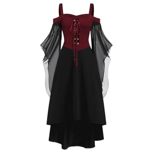 Halloween Kostüm Damen Gothic Kleid Kurz｜Mittelalter Gebundene Taille Hexenkostüm｜Vampir Renaissance Trompetenärmel Korsett｜Erwachsene Karneval Steampunk Barock｜Schwarz Plus Size​, Rot S von Beichwtd