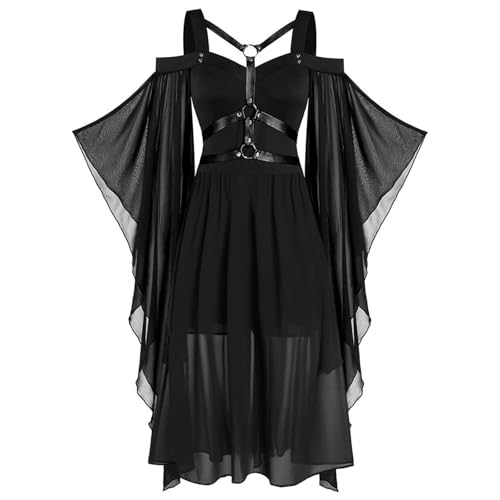 Halloween Kostüm Damen Gothic Kleid Kurz｜Mittelalter Gebundene Taille Hexenkostüm｜Vampir Renaissance Trompetenärmel Korsett｜Erwachsene Karneval Steampunk Barock｜Schwarz Plus Size​, Schwarz 3XL von Beichwtd