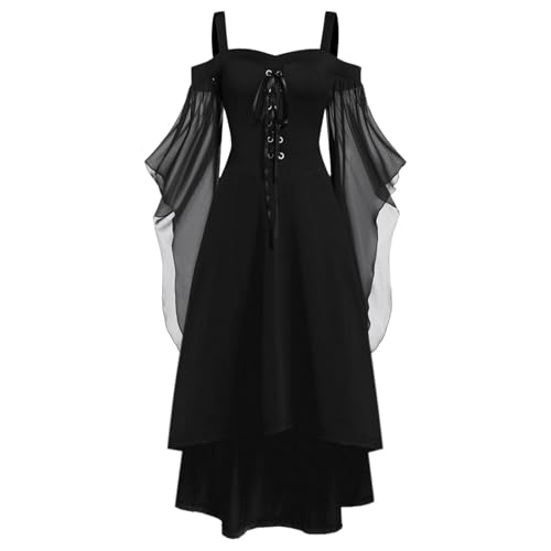 Halloween Kostüm Damen Gothic Kleid Kurz｜Mittelalter Gebundene Taille Hexenkostüm｜Vampir Renaissance Trompetenärmel Korsett｜Erwachsene Karneval Steampunk Barock｜Schwarz Plus Size​, Schwarz 5XL von Beichwtd
