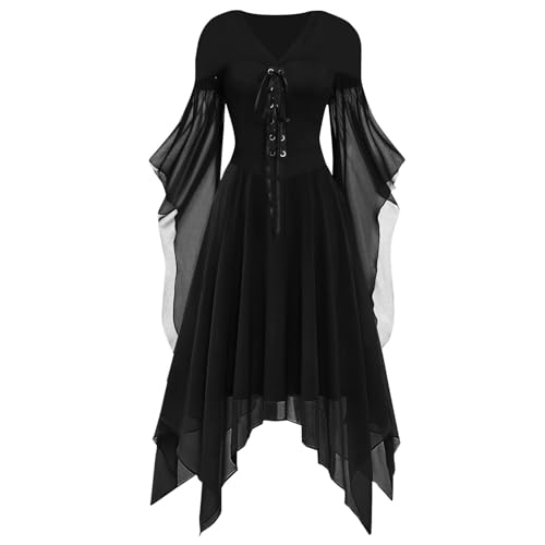 Halloween Kostüm Damen Gothic Kleid Kurz｜Mittelalter Gebundene Taille Hexenkostüm｜Vampir Renaissance Trompetenärmel Korsett｜Erwachsene Karneval Steampunk Barock｜Schwarz Plus Size​, Schwarz L von Beichwtd