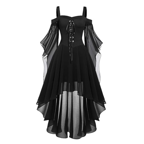 Halloween Kostüm Damen Gothic Kleid Kurz｜Mittelalter Gebundene Taille Hexenkostüm｜Vampir Renaissance Trompetenärmel Korsett｜Erwachsene Karneval Steampunk Barock｜Schwarz Plus Size​, Schwarz XL von Beichwtd