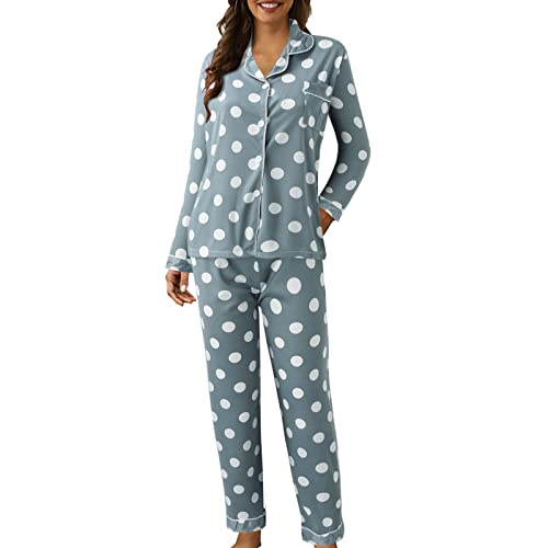 Schlafanzug Damen Lang Baumwolle Pyjama Set Hausanzug Nachtwäsche Freizeitanzug Kariert Knopfleiste Bequem Zweiteiler Kuschelig Winter Oversize Loungewear, Blau XXL von Beichwtd