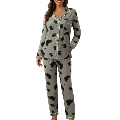 Schlafanzug Damen Lang Baumwolle Pyjama Set Hausanzug Nachtwäsche Freizeitanzug Kariert Knopfleiste Bequem Zweiteiler Kuschelig Winter Oversize Loungewear, Grau XL von Beichwtd
