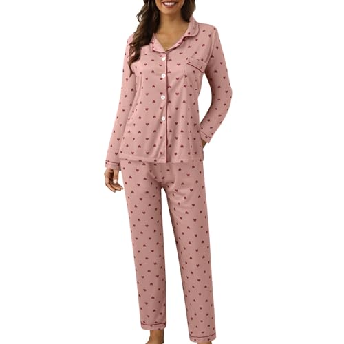 Schlafanzug Damen Lang Baumwolle Pyjama Set Hausanzug Nachtwäsche Freizeitanzug Kariert Knopfleiste Bequem Zweiteiler Kuschelig Winter Oversize Loungewear, Rosa XL von Beichwtd