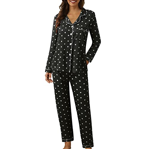 Schlafanzug Damen Lang Baumwolle Pyjama Set Hausanzug Nachtwäsche Freizeitanzug Kariert Knopfleiste Bequem Zweiteiler Kuschelig Winter Oversize Loungewear, Schwarz M von Beichwtd