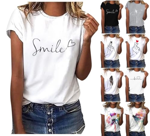 Sommer T-Shirt Damen Basic T Shirt Bedrucken Rundhalsausschnitt Weiß Oberteile Baumwolle Casual Damen Locker Kurzarm Tops Sportshirt Bluse von Beichwtd