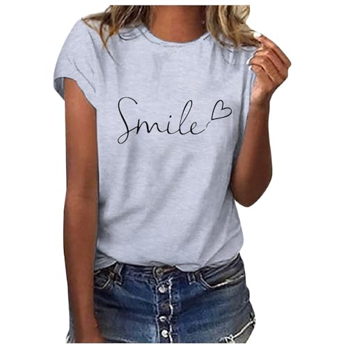 Sommer T-Shirt Damen Basic T Shirt Bedrucken Rundhalsausschnitt Weiß Oberteile Baumwolle Casual Damen Locker Kurzarm Tops Sportshirt Bluse von Beichwtd