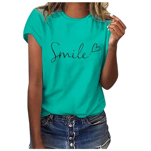Sommer T-Shirt Damen Basic T Shirt Bedrucken Rundhalsausschnitt Weiß Oberteile Baumwolle Casual Damen Locker Kurzarm Tops Sportshirt Bluse von Beichwtd