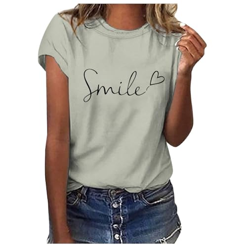 Sommer T-Shirt Damen Basic T Shirt Bedrucken Rundhalsausschnitt Weiß Oberteile Baumwolle Casual Damen Locker Kurzarm Tops Sportshirt Bluse von Beichwtd