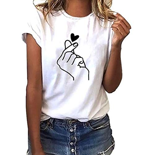 Sommer T-Shirt Damen Basic T Shirt Bedrucken Rundhalsausschnitt Weiß Oberteile Baumwolle Casual Damen Locker Kurzarm Tops Sportshirt Bluse von Beichwtd
