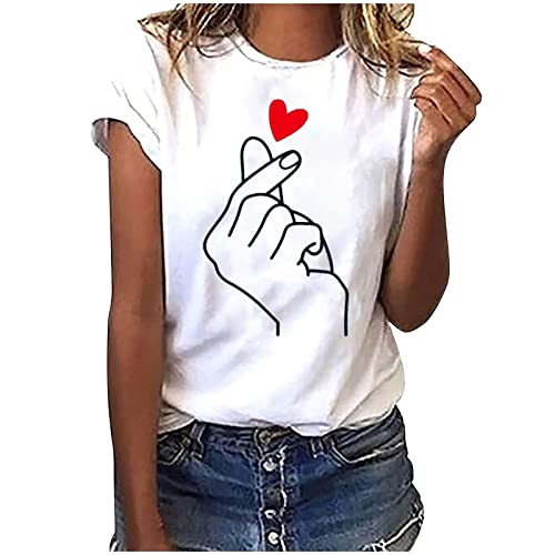 Sommer T-Shirt Damen Basic T Shirt Bedrucken Rundhalsausschnitt Weiß Oberteile Baumwolle Casual Damen Locker Kurzarm Tops Sportshirt Bluse von Beichwtd