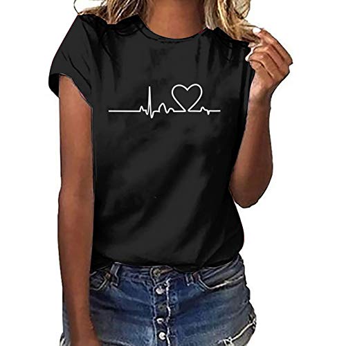 Sommer T-Shirt Damen Basic T Shirt Bedrucken Rundhalsausschnitt Weiß Oberteile Baumwolle Casual Damen Locker Kurzarm Tops Sportshirt Bluse von Beichwtd