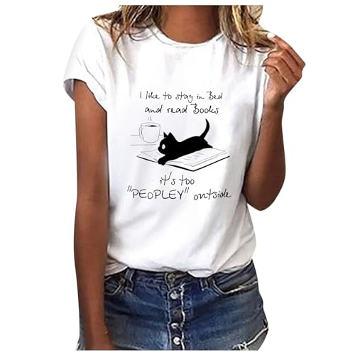 Sommer T-Shirt Damen Basic T Shirt Bedrucken Rundhalsausschnitt Weiß Oberteile Baumwolle Casual Damen Locker Kurzarm Tops Sportshirt Bluse von Beichwtd